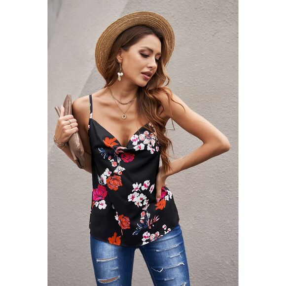 Azura Exchange  Black Floral Print Cowl Neck Spaghetti Straps Tank Top - Picture 8 of 13